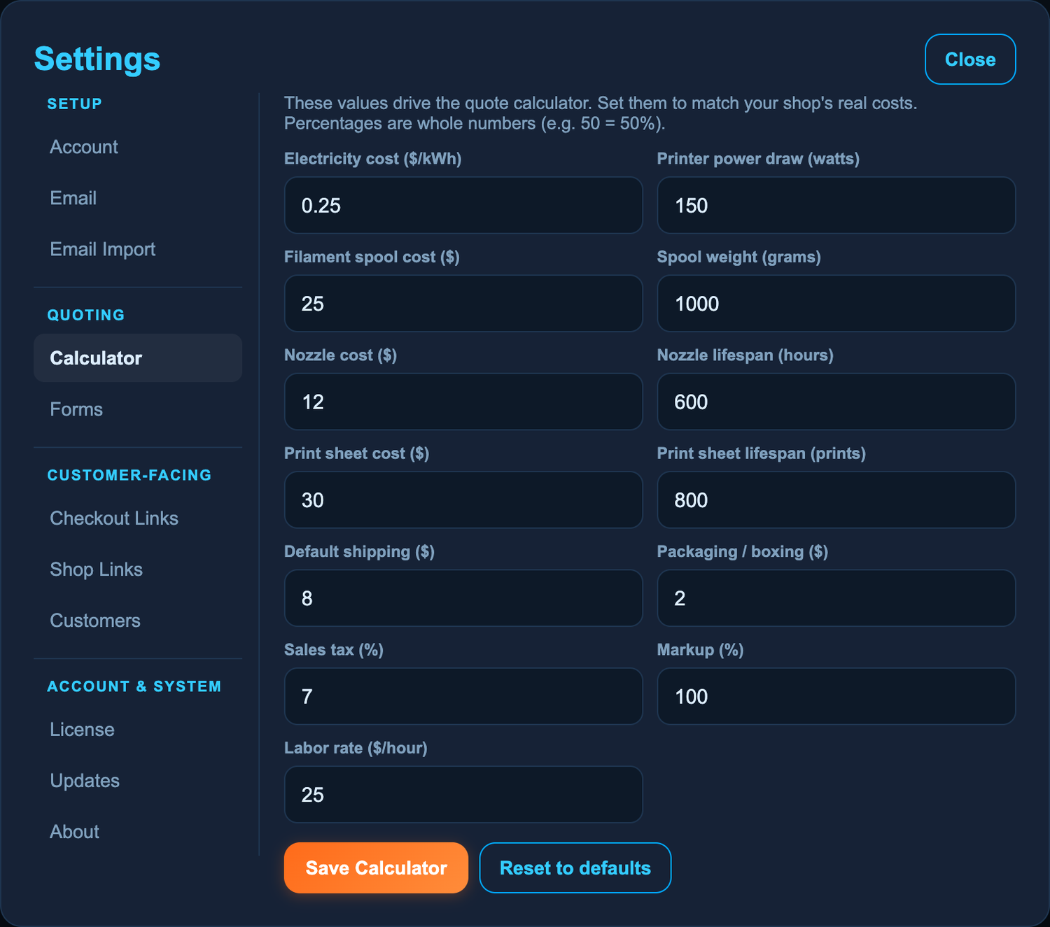 MakerQuote settings with license, updates, and configuration