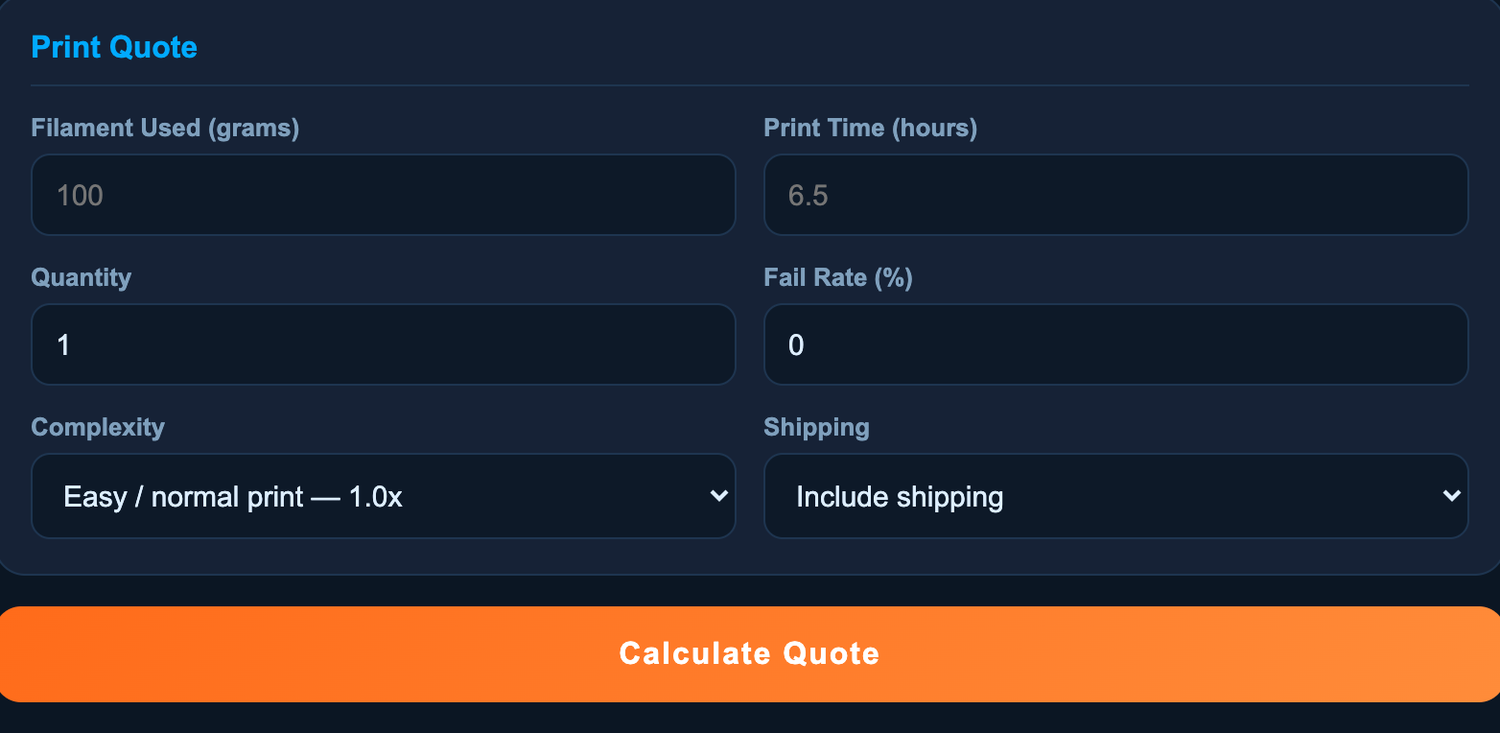 MakerQuote quote calculator with material and time inputs