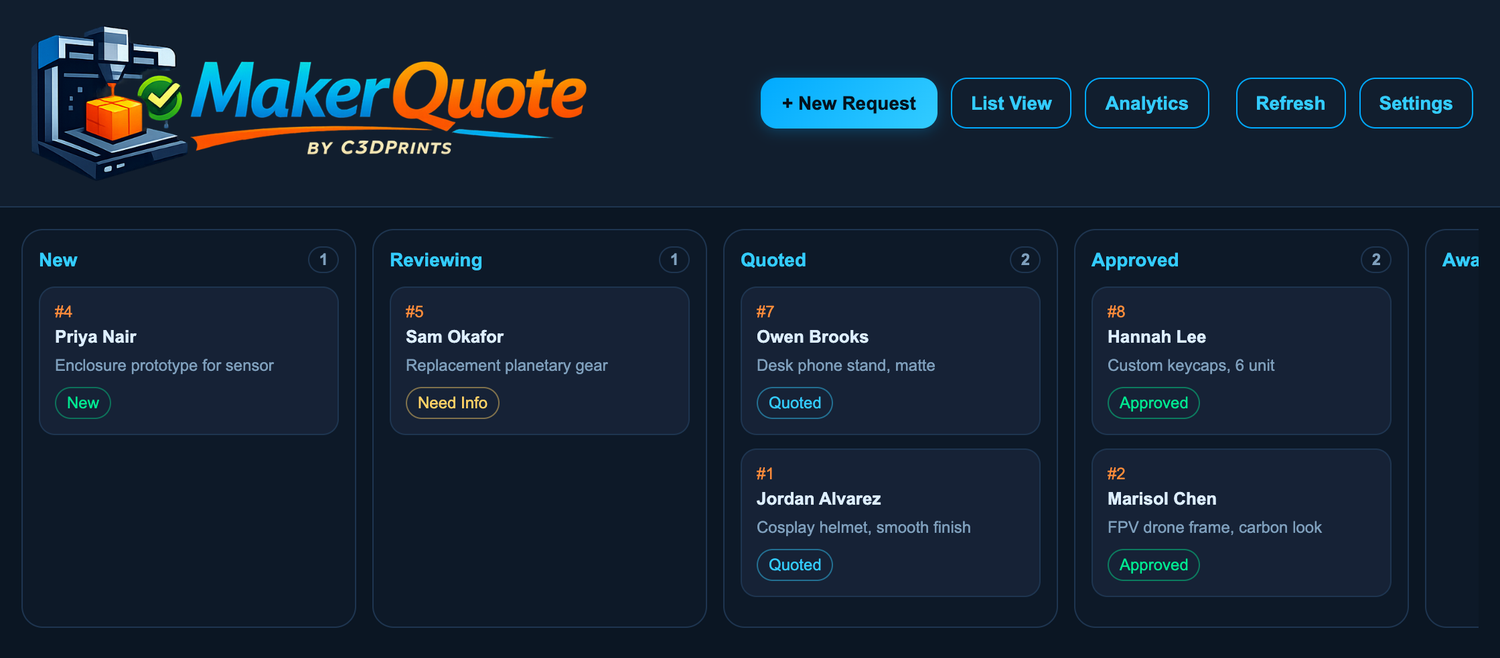 MakerQuote Kanban board tracking print jobs