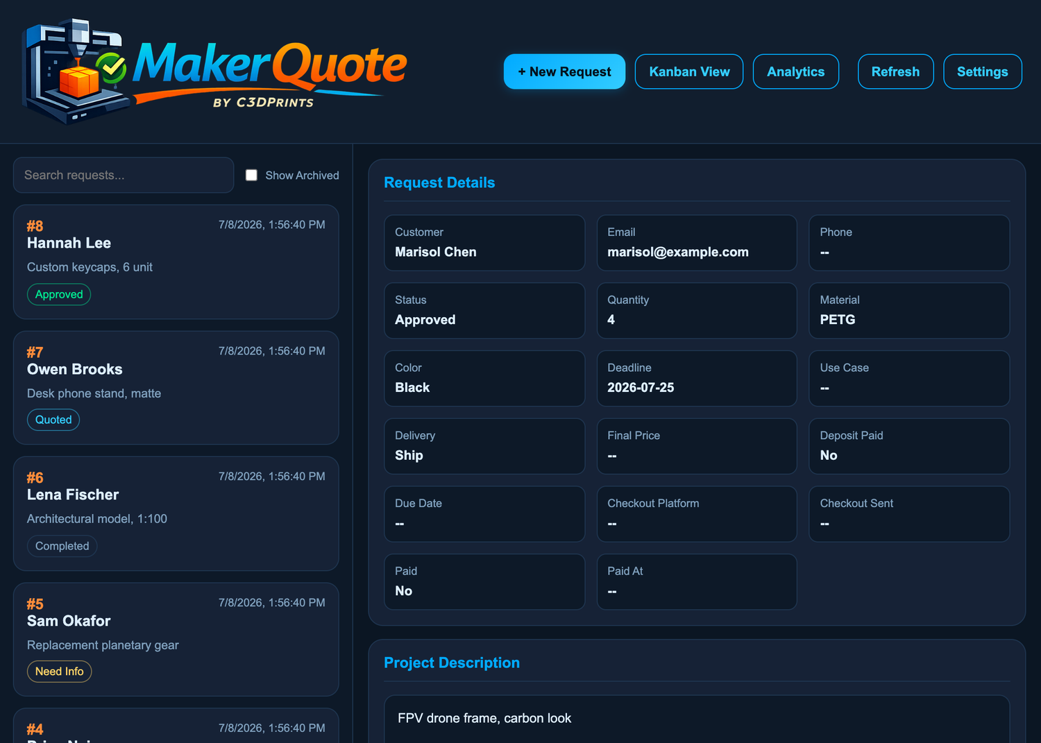 MakerQuote quote queue with request details